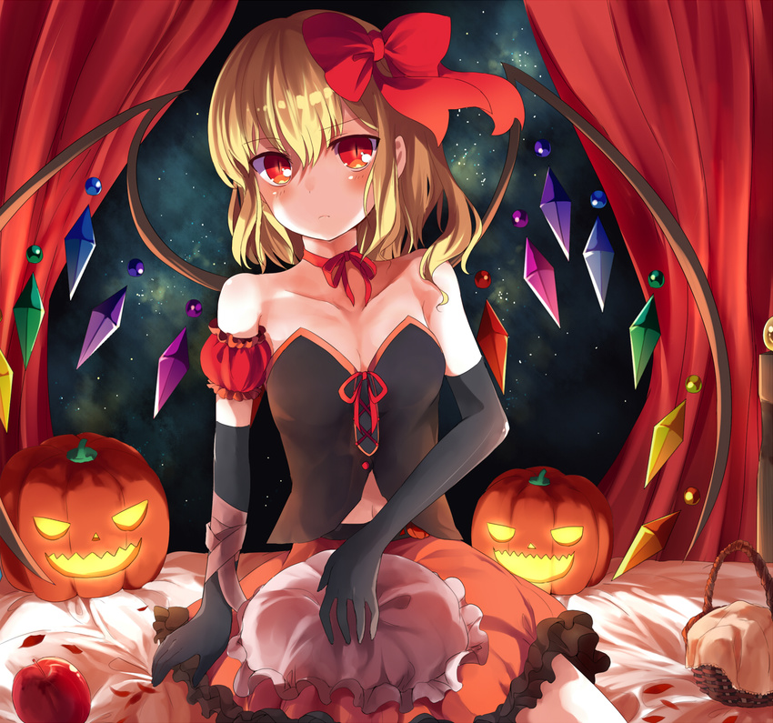 apple bare_shoulders black_gloves blonde_hair bow choker collarbone curtains elbow_gloves flandre_scarlet food fruit gloves hachimitsu_ame_(phoenix) hair_bow hat hat_removed headwear_removed highres jack-o'-lantern looking_at_viewer red_eyes ribbon_choker shirt side_ponytail sitting skirt solo touhou window wings