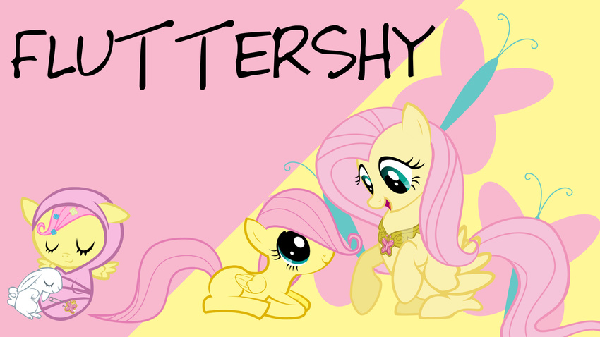 cutie_mark english_text equine eyes_closed female feral fluttershy_(mlp) friendship_is_magic fur green_eyes hair hair_over_eye hair_over_eyes horse lagomorph long_hair lying mammal my_little_pony open_mouth pegasus pink_hair pony rabbit sitting smile softfang solo text tongue wings yellow_fur young