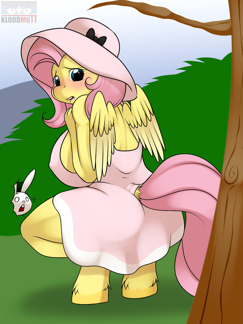 angel_(mlp) anthro anthrofied being_watched blush clothing duo equine female fetlocks fluttershy_(mlp) friendship_is_magic fur hair hat horse kloudmutt lagomorph mammal my_little_pony outside pegasus pink_hair pony rabbit wings yellow_fur