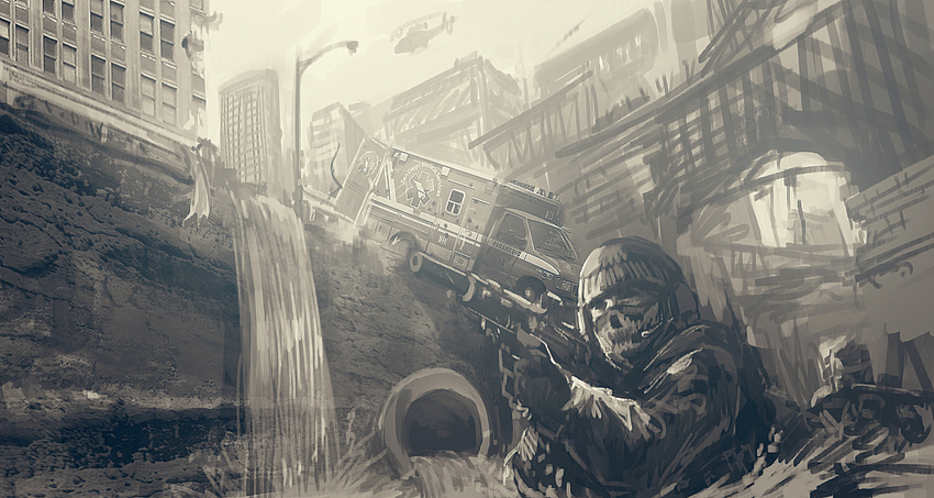 aiming aircraft ambulance assault_rifle balaclava building call_of_duty call_of_duty:ghosts city door gloves gun headgear helicopter mac_cola mask monochrome multiple_boys realistic rifle ruins sewer skull soldier suppressor water weapon