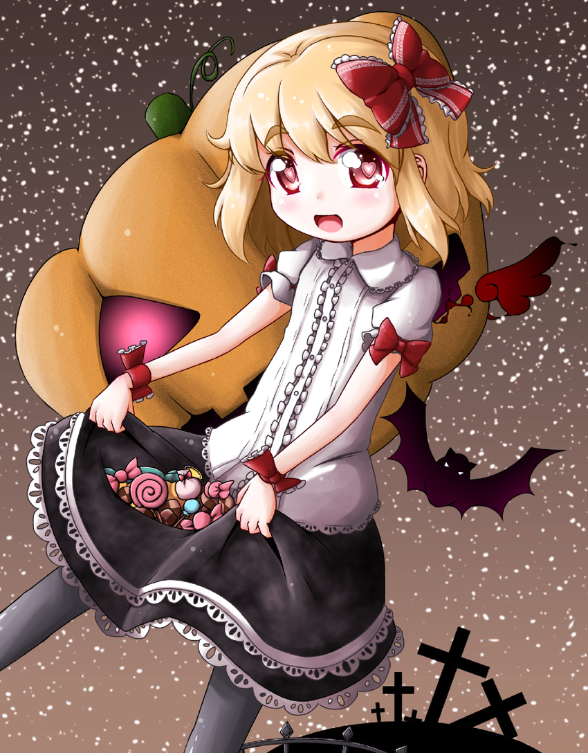 adapted_costume bat blonde_hair blouse candy cookie cross fence food grey_background hair_ribbon halloween heart heart-shaped_pupils highres jack-o'-lantern lollipop looking_at_viewer open_mouth pantyhose puffy_short_sleeves puffy_sleeves red_eyes ribbon roco_(katsuya1011) rumia short_hair short_sleeves simple_background skirt skirt_basket skirt_hold sky solo star_(sky) starry_sky swirl_lollipop symbol-shaped_pupils touhou wrist_ribbon