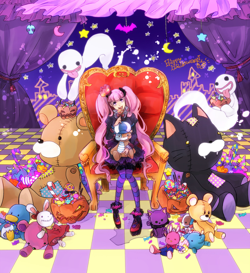 bat bear bird bow bunny candy candy_cane cat chair checkered checkered_floor crescent crown curtains decorations dog dress face_mask fangs food frilled_dress frilled_sleeves frills ghost halloween happy_halloween hat heart highres horns kumacy kuta_(maka) licking lollipop long_hair mask mobile one_piece pantyhose penguin perona pink_hair pumpkin purple_eyes ribbon scarf sitting skull solo star stitches striped striped_legwear stuffed_toy swirl_lollipop tongue twintails very_long_hair