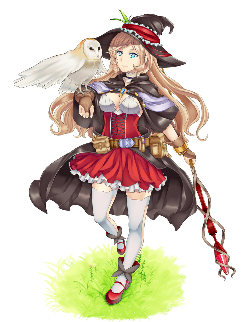 barn_owl bird blonde_hair blue_eyes bridal_gauntlets hai_ookami hat highres long_hair md5_mismatch original owl simple_background skirt solo staff thighhighs white_background white_legwear witch witch_hat