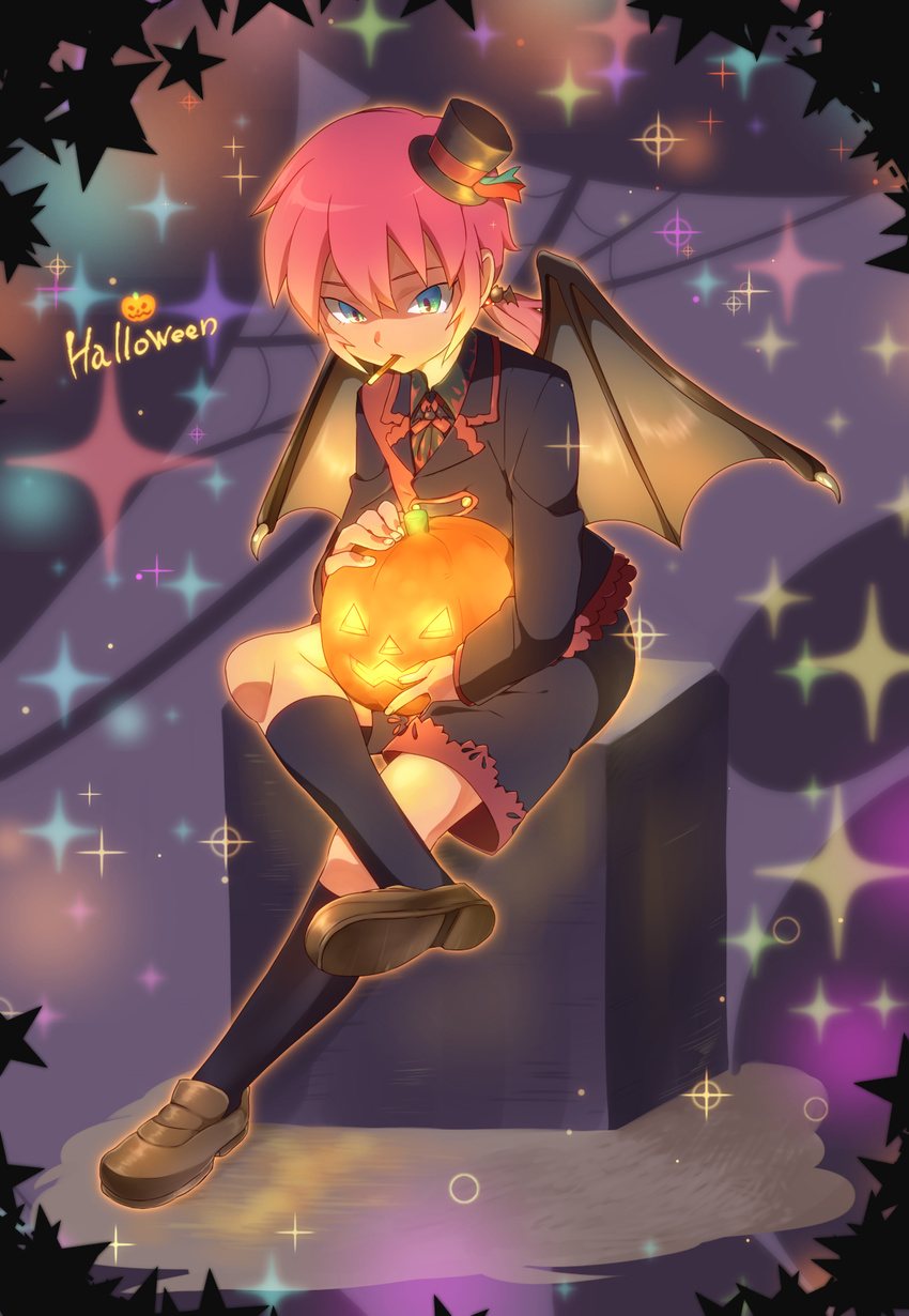 bat_wings blue_eyes english halloween hat highres inazuma_eleven_(series) inazuma_eleven_go jack-o'-lantern kirino_ranmaru male_focus mouth_hold petagon pink_hair sitting solo twintails wings