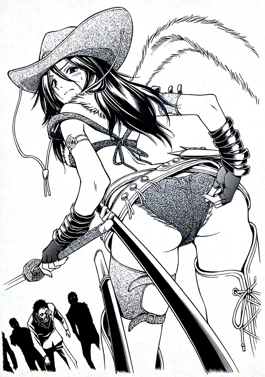 6j-k-en1223 absurdres adjusting_clothes adjusting_shorts aya_(oneechanbara) belt bikini_top cowboy_hat fingerless_gloves from_behind fur_trim gloves hat highres katana long_hair monochrome oneechanbara shorts solo_focus sword thighhighs weapon western zombie