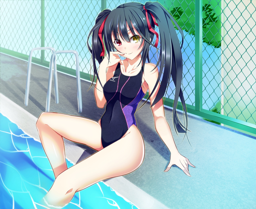 black_hair competition_swimsuit covered_navel date_a_live finger_to_mouth heterochromia kazeoto_kirito long_hair mizuno one-piece_swimsuit pool poolside sitting soaking_feet solo swimsuit tokisaki_kurumi twintails water