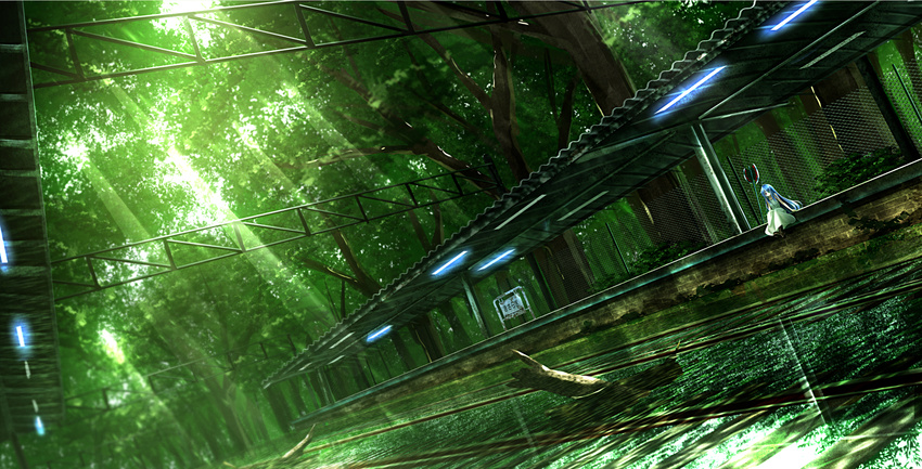 axe battle_axe dress fence forest haru_(ryosios) heterochromia highres long_hair nature original partially_submerged post-apocalypse railroad_tracks reflection ryosios scenery sign silver_hair sitting solo sunlight train_station tree very_long_hair water weapon white_dress