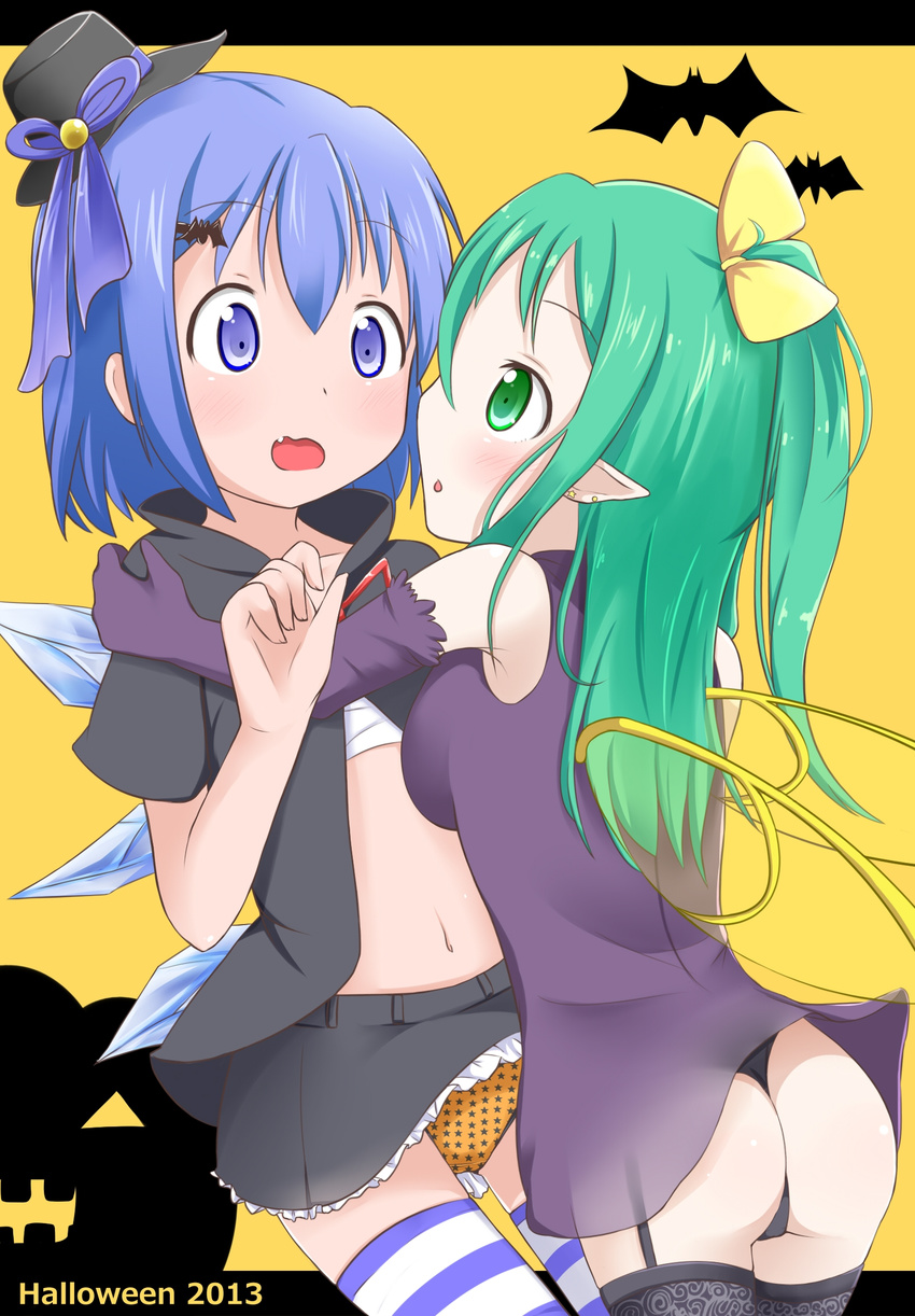 :o ass bandages bare_shoulders bat black_legwear black_panties black_shirt black_skirt blue_eyes blue_hair blush cirno daiyousei dress ear_piercing elbow_gloves face-to-face fairy_wings fang garter_straps gloves green_eyes green_hair hair_ornament hair_ribbon hairclip halloween halloween_costume hat highres hug ice ice_wings letterboxed long_hair makuran mini_hat mini_top_hat multiple_girls navel open_clothes open_mouth open_shirt orange_panties panties piercing pointy_ears profile purple_dress purple_gloves ribbon sarashi see-through shirt short_sleeves side_ponytail skirt skirt_lift skirt_set star striped striped_legwear thighhighs thong top_hat touhou underwear wavy_mouth wings yuri