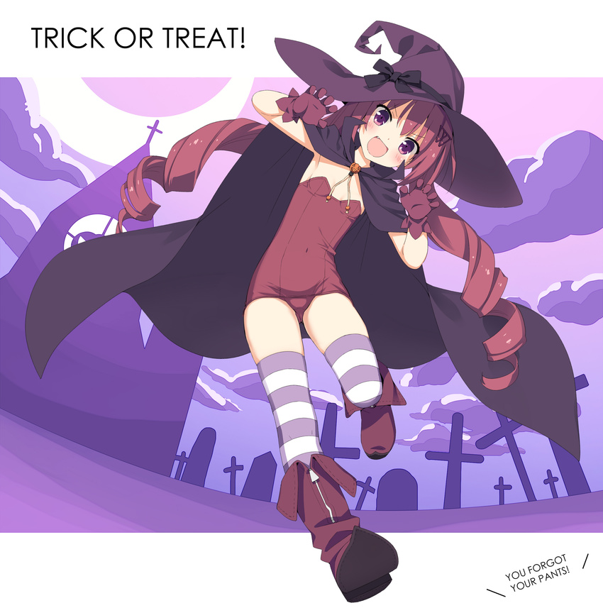 1girl :d absurdres alternate_costume blush boots cape claw_pose clothed_navel drill_hair fang female flat_chest gloves halloween hard_translated hat hazuki_watora highres jack-o'-lantern jack-o'-lantern long_hair looking_at_viewer open_mouth original peko purple_eyes red_hair shirakawa_mayo smile solo striped striped_legwear text thighhighs translated twin_drills witch_hat