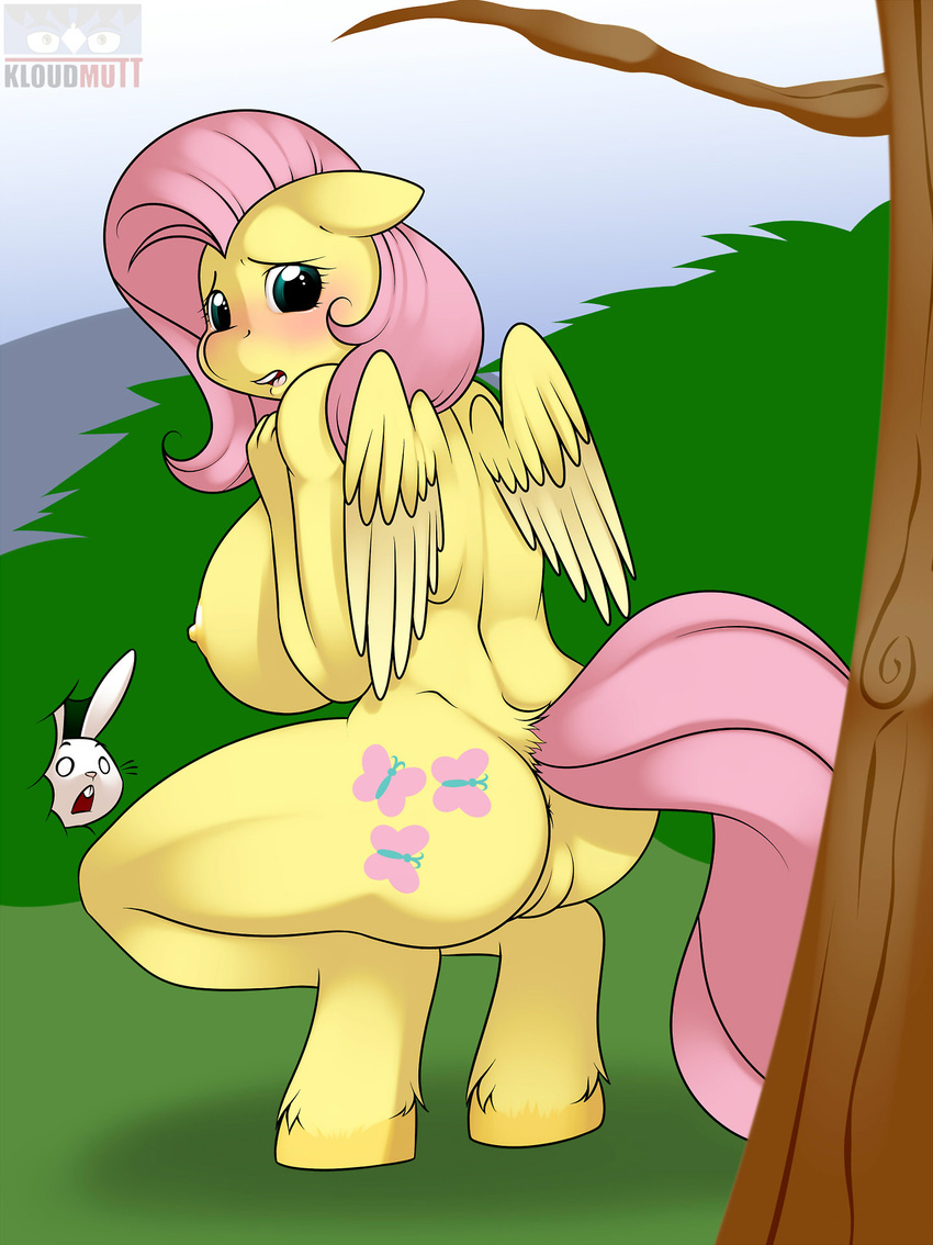 angel_(mlp) anthro anthrofied being_watched blush breasts cutie_mark duo equine female fetlocks fluttershy_(mlp) friendship_is_magic fur hair horse kloudmutt lagomorph mammal my_little_pony outside pegasus pink_hair pony rabbit wings yellow_fur