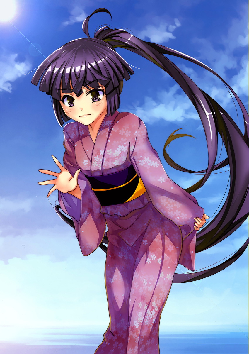 akatsuki_(log_horizon) day highres japanese_clothes log_horizon obi ponytail purple_eyes purple_hair sardonyx sash sky solo