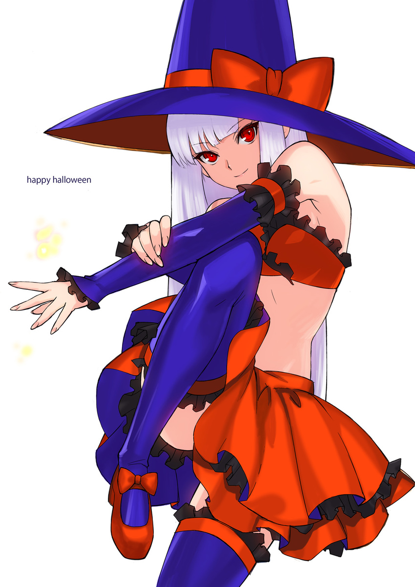 alternate_costume bangs bare_shoulders bow capcom_fighting_jam detached_sleeves frills halloween happy_halloween hat hat_bow highres ingrid leg_up long_hair mary_janes nail_polish purple_legwear red_eyes shoes skirt smile solo strapless tetsu_(kimuchi) thighhighs toned tubetop white_hair witch_hat