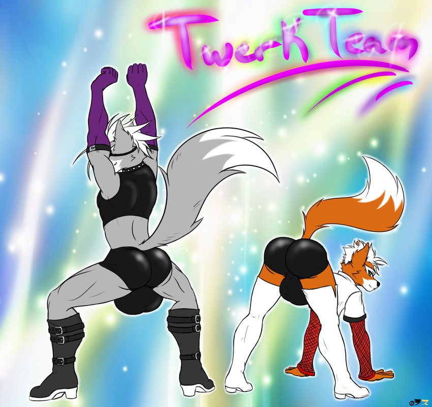 anthro ass_up back_turned balls big_balls boots butt canine clothed clothing collar duo eye_patch eyewear fox fox_mccloud fur girly gloves green_eyes grey_fur hair looking_at_viewer looking_back male mammal muscles nintendo orange_fur raised_tail rath-raholand spread_legs spreading standing star_fox toned video_games white_hair wolf wolf_o'donnell wolf_o'donnell