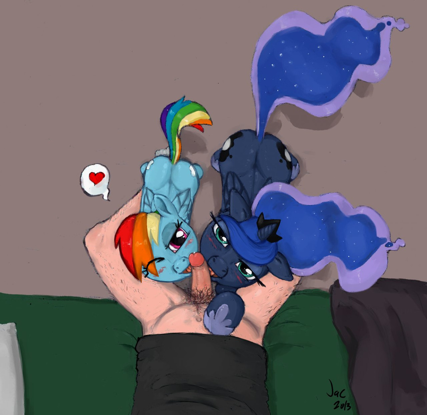 &lt;3 bed bestiality blue_eyes blue_fur blue_hair blush clothing cutie_mark equine female feral first_person_view friendship_is_magic fur group hair half-closed_eyes horn horse human interspecies jac male mammal multi-colored_hair my_little_pony one_eye_closed oral oral_sex pegasus penis pillow pony princess_luna_(mlp) purple_eyes rainbow_dash_(mlp) rainbow_hair sex straight tongue winged_unicorn wings