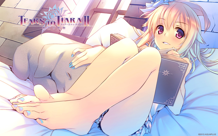 barefoot bed blonde_hair blue_nails book dutch_angle feet foreshortening grin highres indoors legs looking_at_viewer nail_polish official_art pig pillow purple_eyes short_hair sitting smile solo tart_(tears_to_tiara_ii) tatami_to_hinoki tears_to_tiara tears_to_tiara_ii toenail_polish toes wallpaper window