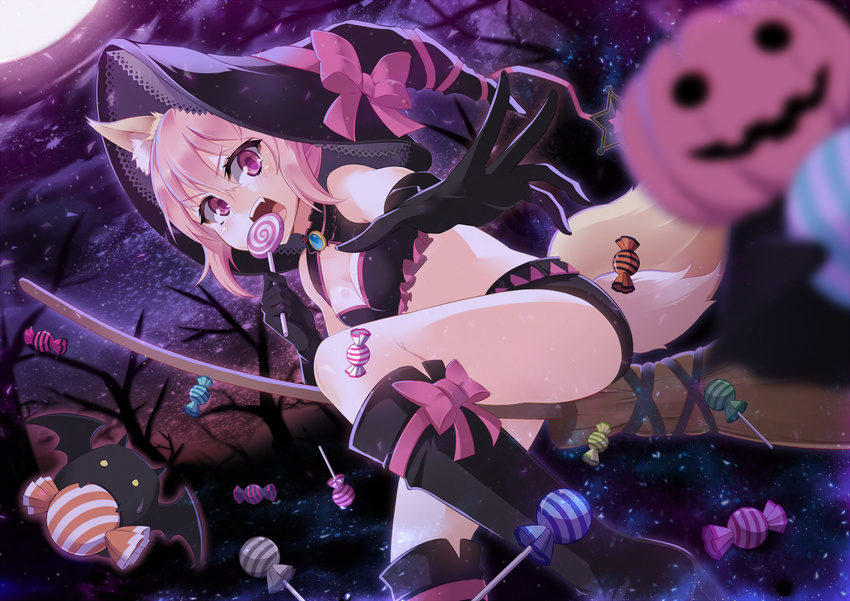 1girl animal_ears boots bow breasts broom candy cleavage elbow_gloves food fox_ears fox_tail gloves halloween hat highres lollipop original paparins pink_eyes pink_hair pumpkin short_hair solo tail witch_hat