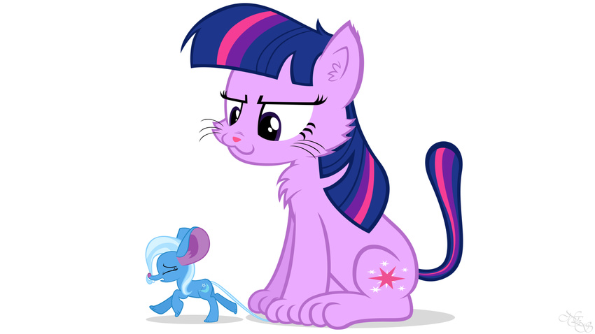cat cutie_mark eyes_close eyes_closed feline female feral friendship_is_magic frown fur hair mammal mouse multi-colored_hair my_little_pony navitaserussirus open_mouth purple_eyes purple_fur purple_hair rodent sitting smile trixie_(mlp) twilight_sparkle_(mlp) two_tone_hair