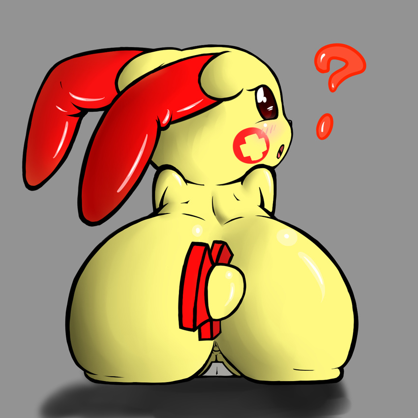 ? abstract_background anus back_turned big_butt blush butt female from_behind looking_at_viewer nintendo nude plain_background plusle pok&#233;mon pok&eacute;mon pussy red_eyes roy_mccloud solo video_games