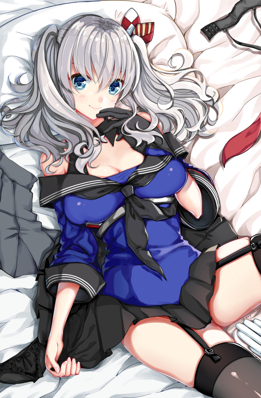 1girl absurdres alternate_costume black_bra black_gloves black_legwear black_panties black_skirt blue_shirt bra bra_removed breasts cleavage cosplay day eyebrows_visible_through_hair finger_to_mouth garter_straps gloves highres johnston_(kantai_collection) johnston_(kantai_collection)_(cosplay) kantai_collection kashima_(kantai_collection) long_sleeves looking_at_viewer lying mahou_shounen medium_breasts off-shoulder_shirt off_shoulder on_back panties panties_removed pillow pleated_skirt sailor_collar school_uniform shirt silver_hair single_glove skirt smile solo thighhighs twintails underwear wavy_hair