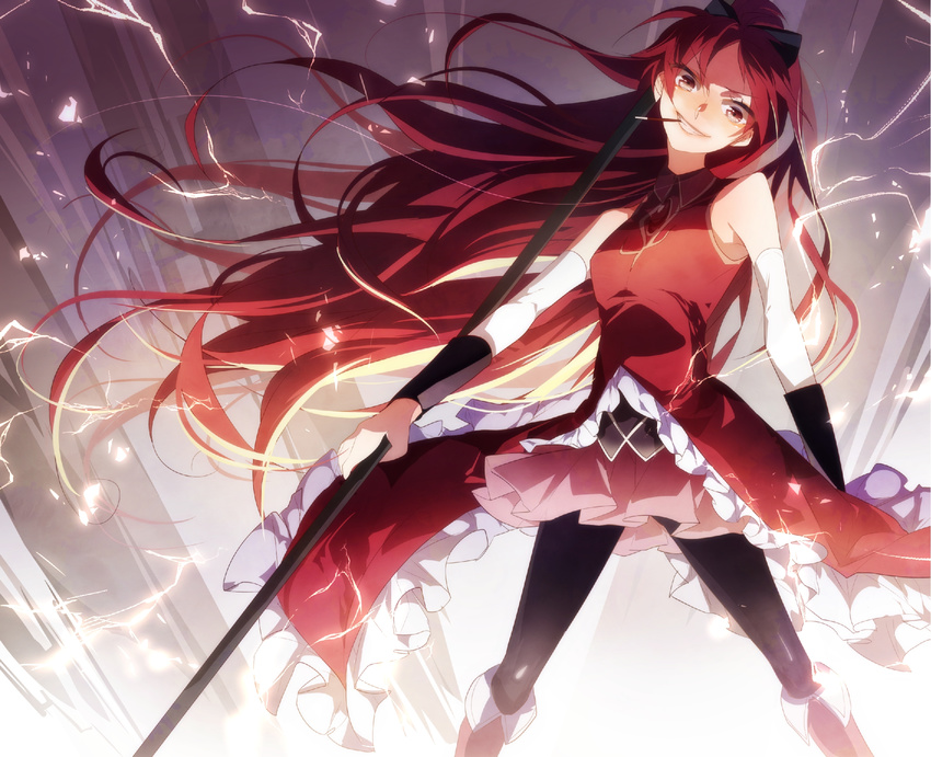 bare_shoulders black_legwear bow dress food hair_bow highres long_hair magical_girl mahou_shoujo_madoka_magica mouth_hold pocky polearm ponytail red_dress red_eyes red_hair rituiti sakura_kyouko smile solo spear weapon