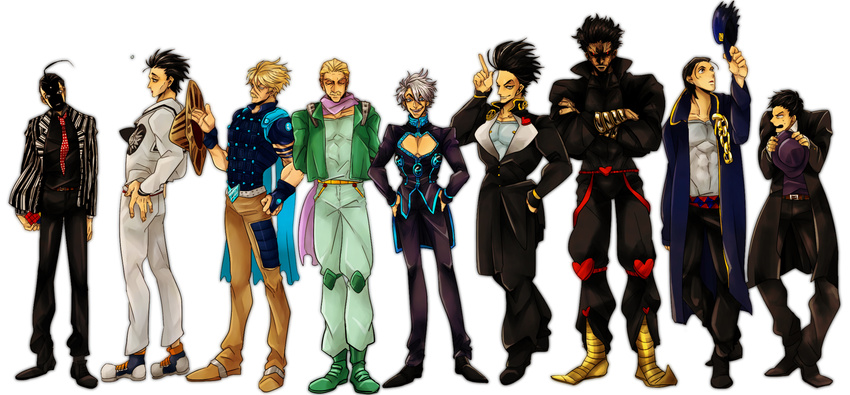 black_hair blonde_hair caesar_anthonio_zeppeli caesar_anthonio_zeppeli_(cosplay) character_request cosplay diavolo diavolo_(cosplay) dio_brando dio_brando_(cosplay) facial_hair giorno_giovanna giorno_giovanna_(cosplay) gyro_zeppeli gyro_zeppeli_(cosplay) hat higashikata_jousuke higashikata_jousuke_(cosplay) higashikata_jousuke_(jojolion) higashikata_jousuke_(jojolion)_(cosplay) highres jojo_no_kimyou_na_bouken jojolion kuujou_joutarou kuujou_joutarou_(cosplay) madarame_baku multiple_boys mustache nancy1209 parody robert_eo_speedwagon robert_eo_speedwagon_(cosplay) silver_hair steel_ball_run usogui