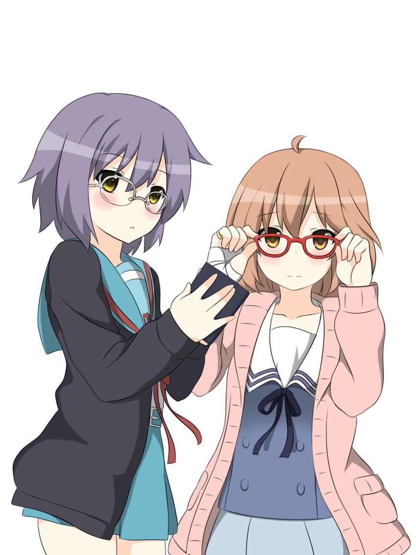 adjusting_eyewear blush cardigan company_connection crossover glasses highres kita_high_school_uniform kuriyama_mirai kyoto_animation kyoukai_no_kanata looking_at_viewer multiple_girls nagato_yuki open_cardigan open_clothes red-framed_eyewear school_uniform serafuku shikniful simple_background skirt suzumiya_haruhi_no_shoushitsu suzumiya_haruhi_no_yuuutsu