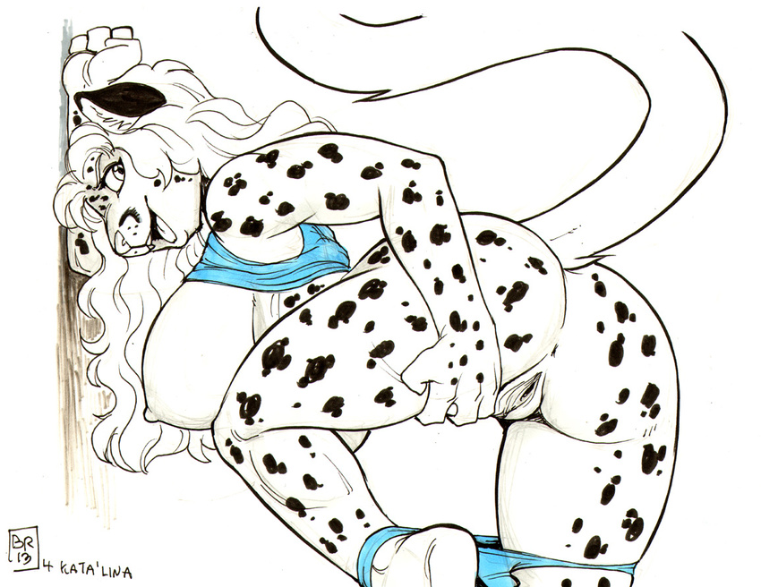 anus areola big_breasts big_butt breasts butt erect_nipples feline female hair leopard long_hair looking_at_viewer looking_back mammal max_blackrabbit monochrome nipples presenting presenting_hindquarters pussy smile snow_leopard undressing