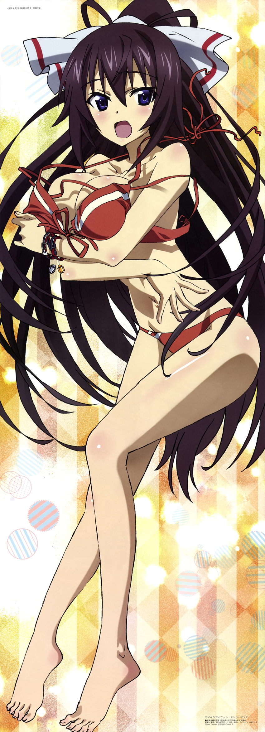 :o absurdres bangs barefoot bikini blue_eyes blush body_blush bow bracelet breast_hold breasts checkered checkered_background cleavage crossed_arms embarrassed feet from_side front-tie_top groin hair_between_eyes hair_bow hair_rings high_ponytail highres incredibly_absurdres infinite_stratos jewelry keychain kuniyuki_yurie large_breasts leaning_forward legs long_hair long_image long_legs looking_at_viewer megami navel non-web_source official_art open_mouth ponytail purple_hair red_bikini scan shinonono_houki slender_waist solo standing stick_poster striped striped_background surprised swimsuit tall_image vertical-striped_background vertical_stripes very_long_hair wardrobe_malfunction