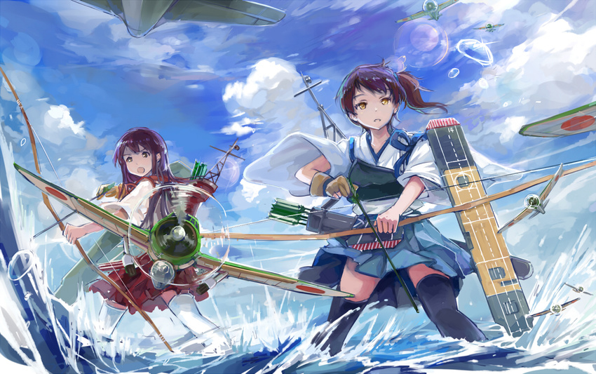 aircraft airplane akagi_(kantai_collection) archery armor arrow bow_(weapon) brown_hair cloud day gloves japanese_clothes kaga_(kantai_collection) kantai_collection kyuudou machinery multiple_girls muneate ocean open_mouth outdoors partly_fingerless_gloves ponytail quiver side_ponytail sky spark_(sandro) tasuki thighhighs water weapon yugake