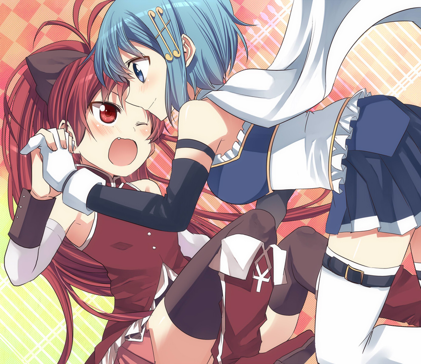 aro black_legwear blue_hair blush boots bow cape fangs gloves hair_bow hair_ornament highres holding_hands interlocked_fingers long_hair magical_girl mahou_shoujo_madoka_magica miki_sayaka multiple_girls one_eye_closed open_mouth ponytail red_eyes red_hair sakura_kyouko short_hair skirt smile thighhighs white_gloves white_legwear yuri