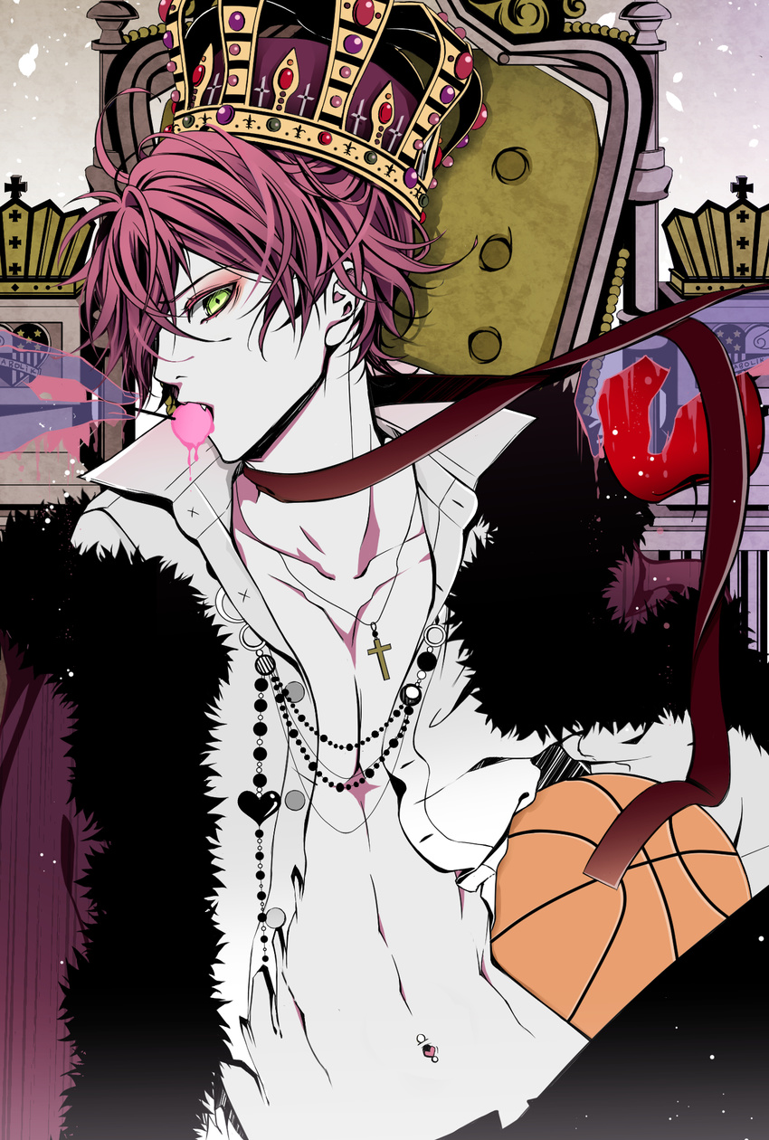 basketball chair crown diabolik_lovers green_eyes heart highres jacket jewelry mesubuta necklace open_clothes open_jacket open_shirt red_hair ribbon sakamaki_ayato shirt short_hair