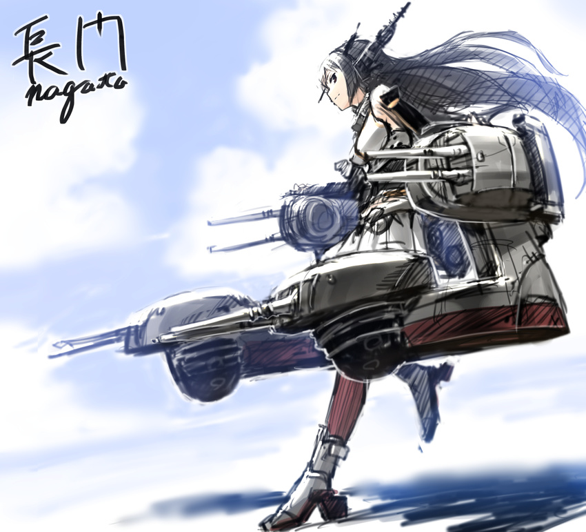 ankle_boots benitama black_hair blush boots breasts elbow_gloves gloves hair_ornament hairband headgear kantai_collection long_hair medium_breasts nagato_(kantai_collection) skirt solo thighhighs