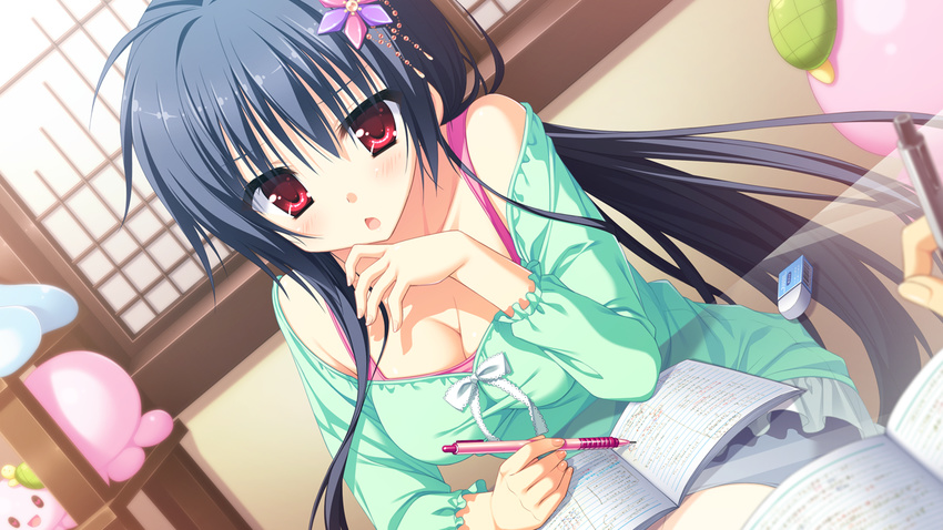 amagase_natsuki black_hair bra game_cg hontani_kanae karumaruka_circle long_hair red_eyes saga_planets underwear