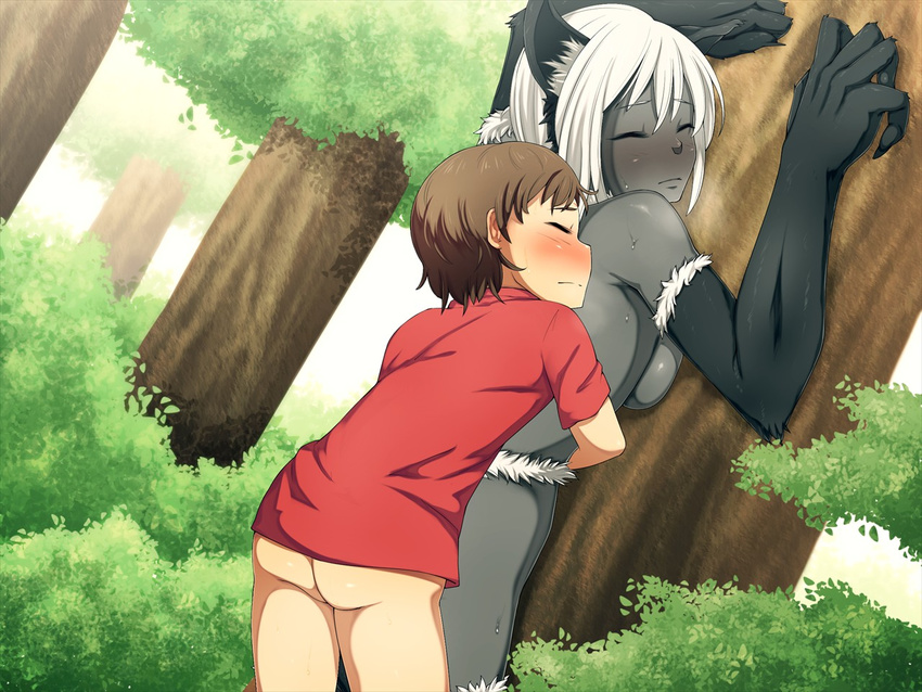age_difference animal_ears anthro black_fur blush bottomless breast_squish breasts brown_hair cat_ears catgirl claws clothed clothing day drow elf eyes_closed female forest from_behind fur grey_skin hair half-dressed hatsuen_kikan hug human human_on_anthro interspecies male mammal markings nude sex shirt side_boob size_difference sky socks_(marking) standing straight sweat tree white_hair wood young
