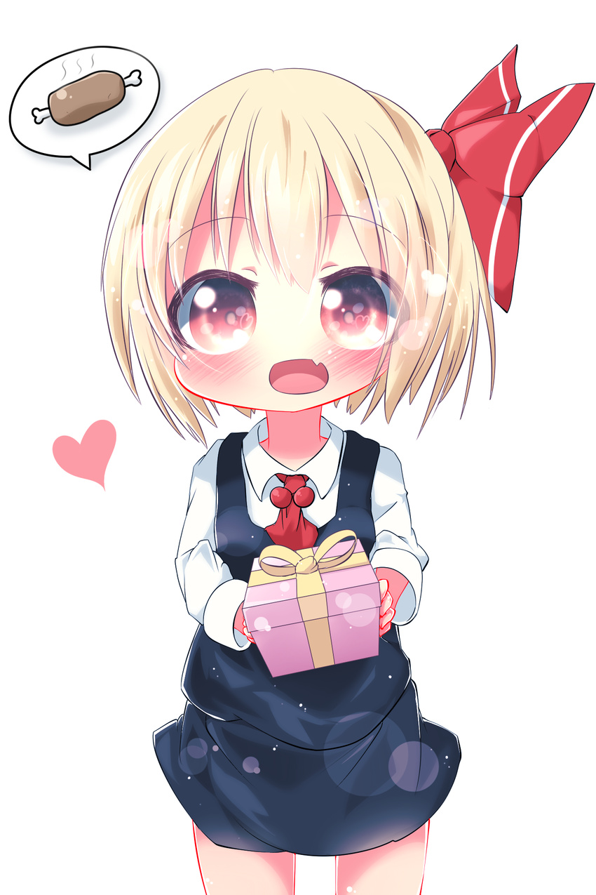 akisha ascot bad_id bad_pixiv_id blonde_hair blush boned_meat bow box fang food gift gift_box hair_bow heart highres long_sleeves looking_at_viewer meat open_mouth pink_eyes rumia shirt simple_background skirt skirt_set smile solo speech_bubble touhou vest white_background