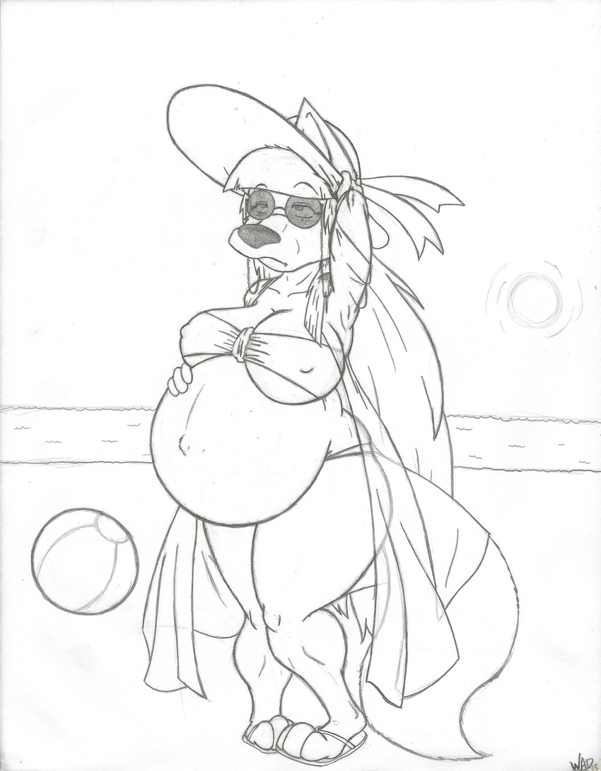 beach beach_ball big_belly big_breasts black_and_white breasts canine chubby disgusted disgusted_look eyewear female grandma granny hair hat huge_belly huge_breasts incest? long_hair mammal monochrome pregnant seaside sketch solo sunglasses swimsuit wad wolf