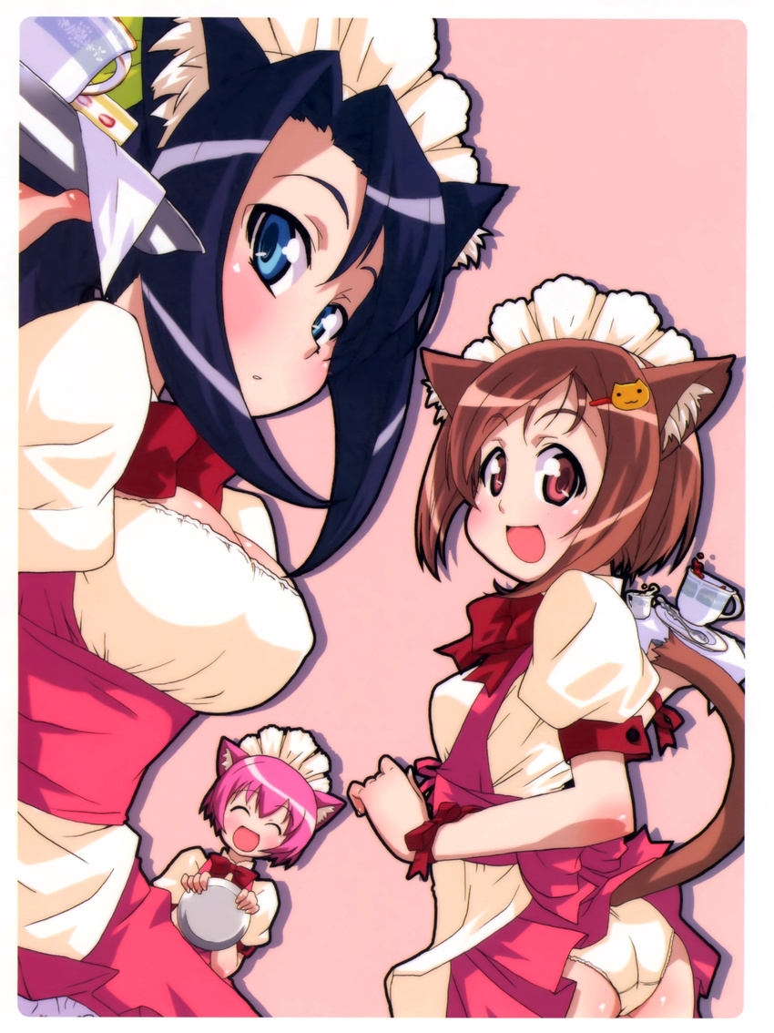 3girls :3 ^_^ absurdres animal_ears apron blue_eyes blue_hair blush breasts brown_hair cake cat_ears cleavage cup eyes_closed food hair_ornament hairpin happy headdress highres multiple_girls panties pink_hair red_eyes short_hair tail teacup tsurugi_yasuyuki underwear waitress