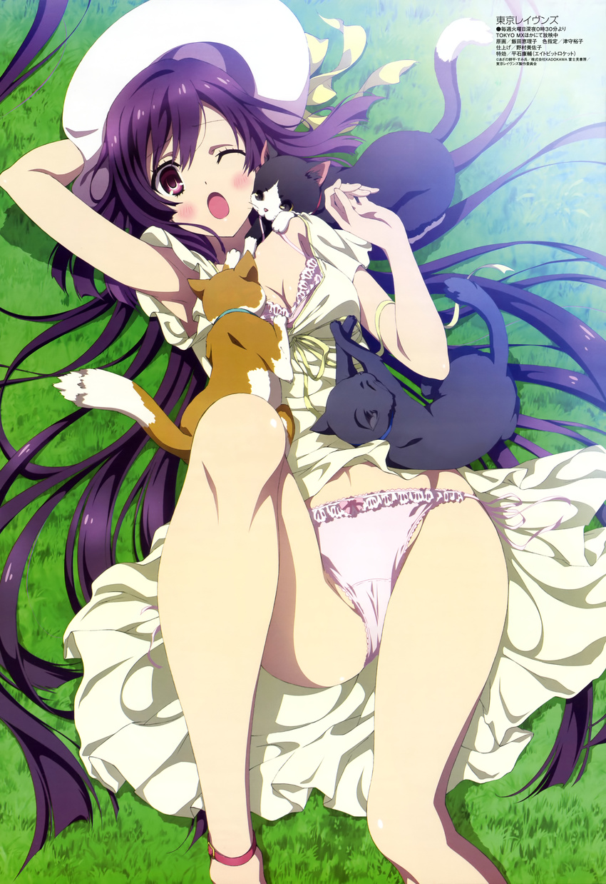 ;o absurdres blush bra breasts cameltoe cat cleavage dress hat highres iida_eriko inappropriate_animal legs long_hair long_legs medium_breasts megami non-web_source official_art one_eye_closed open_mouth panties purple_hair solo tokyo_ravens tsuchimikado_natsume underwear very_long_hair