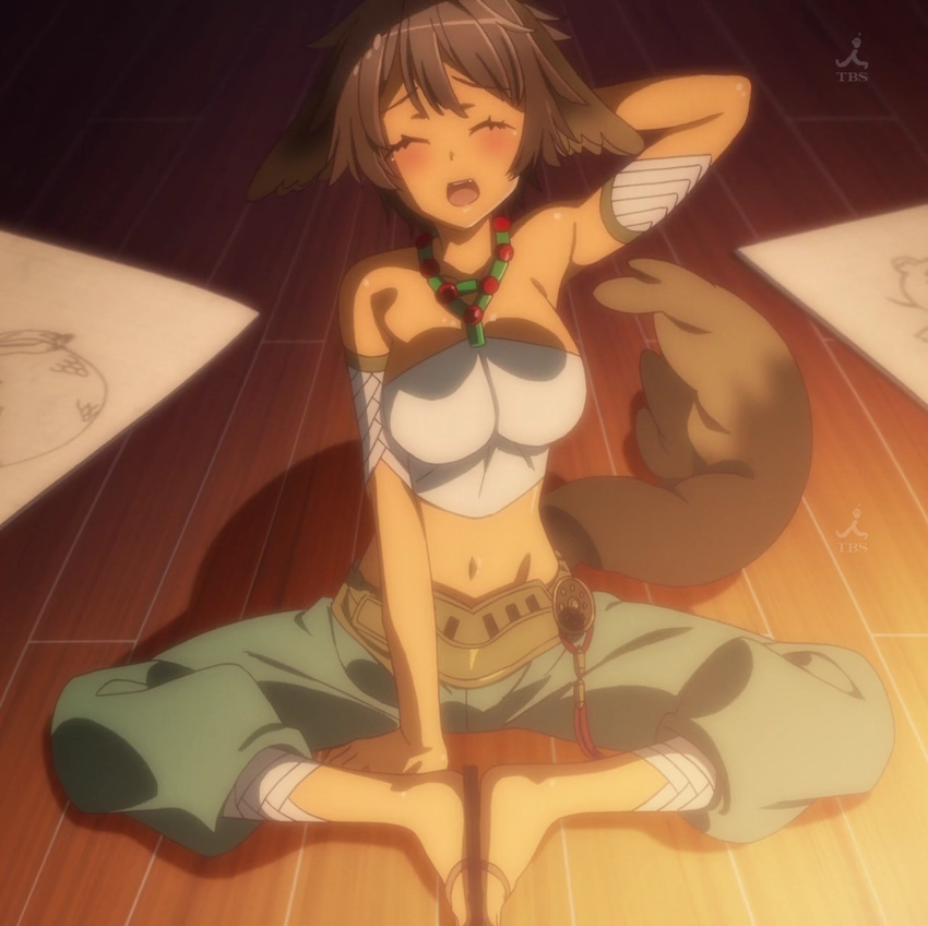 1girl animal_ears blush elbia_hernaiman embarrassed eyes_closed feet feet_together jewelry lots_of_jewelry midriff necklace open_mouth outbreak_company screencap tail