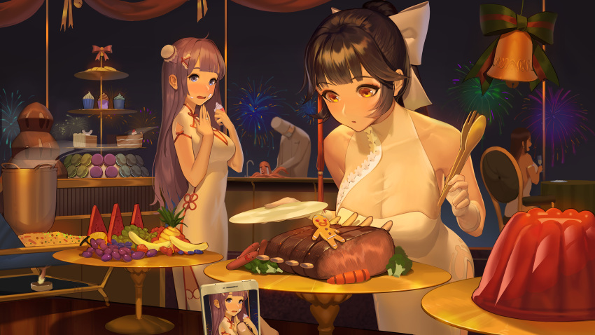 1boy 3girls azur_lane bangs bare_shoulders bell black_hair blue_eyes blunt_bangs blush breasts brown_hair buffet cake cellphone champagne_flute chef chef_hat chef_uniform china_dress chinese_clothes cleavage commentary cookie cup cupcake damiaodi double_bun dress drinking_glass evening_gown eyebrows_visible_through_hair food food_on_face fruit gelatin gloves hair_ribbon hat highres jewelry macaron meat multiple_girls octopus open_mouth phone plate ponytail purple_hair ribbon ring see-through side_slit smartphone south_dakota_(azur_lane) takao_(azur_lane) thighhighs tongs unicorn_(azur_lane) wedding_band white_dress white_gloves yellow_eyes