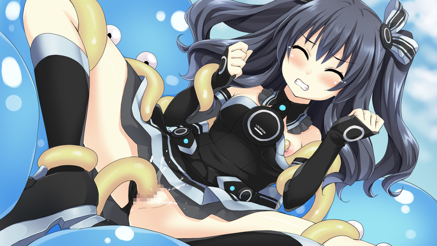 1girl bare_shoulders black_hair black_panties blush bow censored choujigen_game_neptune choujigen_game_neptune_mk2 eyes_closed female_ejaculation female_orgasm hair_bow hair_ornament highres mosaic_censoring neptune_(series) orgasm panties panties_aside poncho_s slime solo tentacle underwear uni_(choujigen_game_neptune) vaginal wince