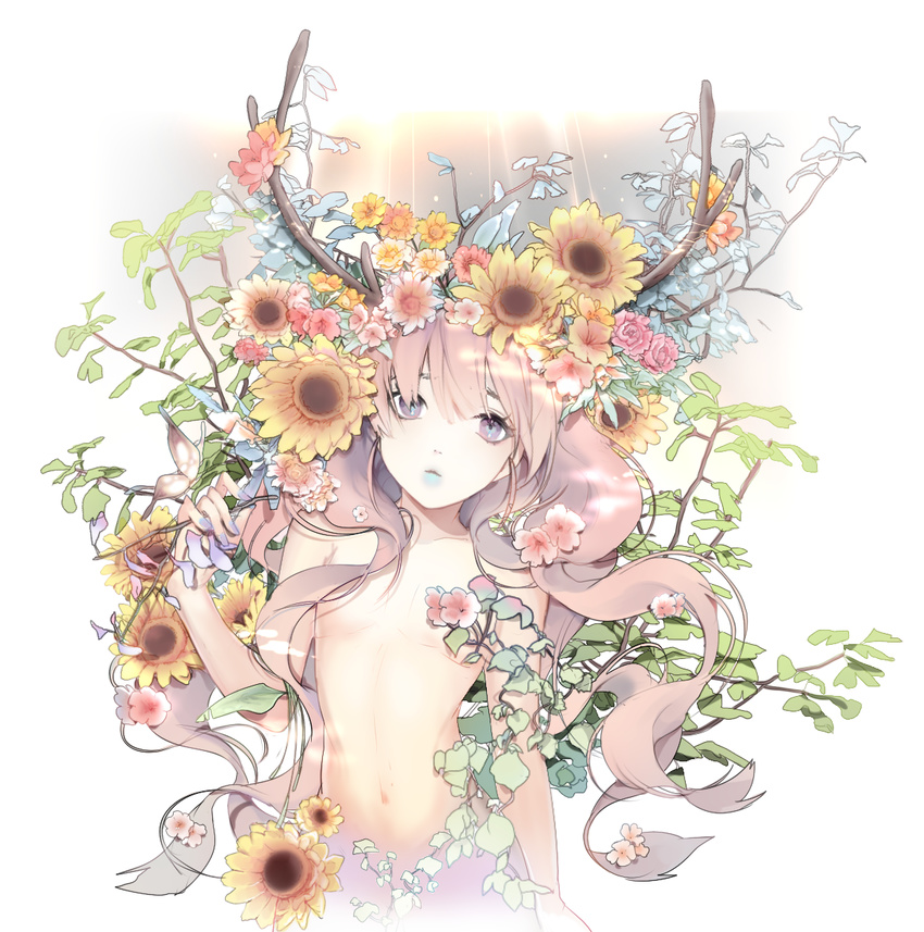 antlers brown_eyes brown_hair flat_chest flower head_wreath leaf long_hair navel nude original solo sunflower yami_(dddc03179)