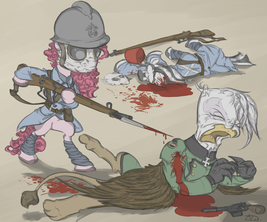 ambiguous_gender avian axis bayonet beak blood buttons clothing dead death equine eyes_closed feathers female feral friendship_is_magic gas_mask german gilda_(mlp) gloves grotesque_death gryphon gun hair helmet hooves horse jacket keentao mammal mauser_c96 military my_little_pony open_mouth pain pink_hair pink_tail pinkie_pie_(mlp) pistol pony ranged_weapon rifle sling tongue war weapon wehrmacht
