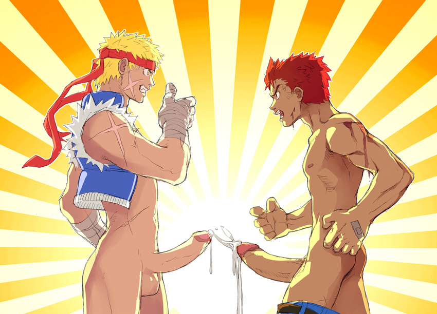 2boys bandage blonde_hair blood bottomless clenched_teeth cum erection headband huge_penis male male_focus multiple_boys muscle nipples original pants_down penis red_eyes red_hair scar sleeveless surreal teeth topless uncensored xire yaoi yellow_eyes