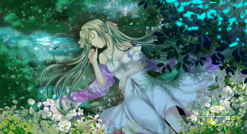 closed_eyes dress flower green_hair hatsune_miku highres long_hair mariwai_(marireroy) pantyhose solo song_name tears twintails vocaloid