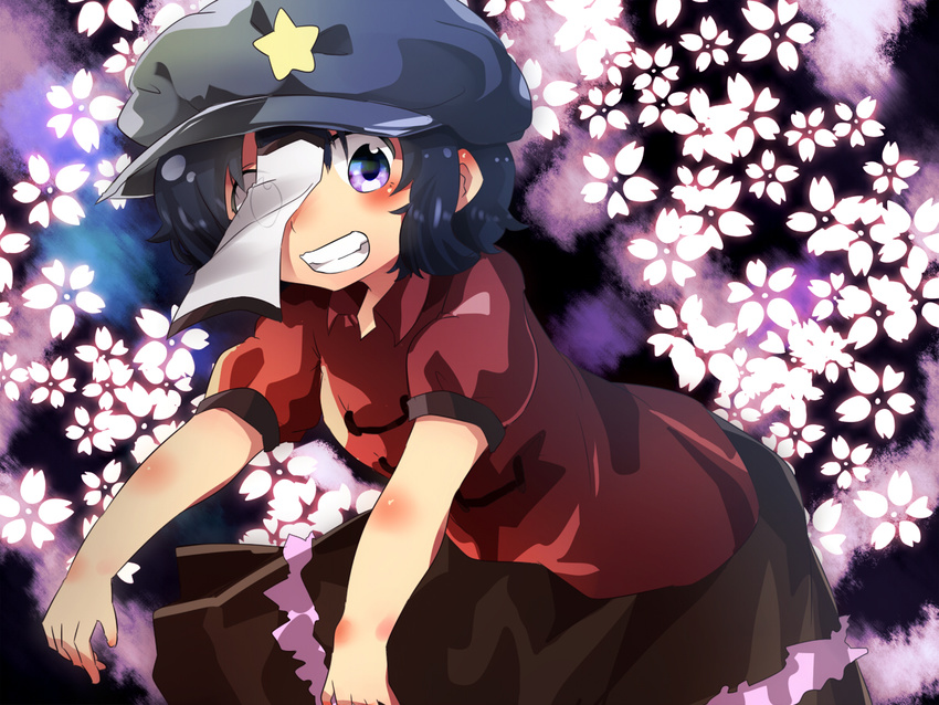 bad_id bad_pixiv_id blouse blue_hair cherry_blossoms floral_background grin hat leaning_forward looking_at_viewer miyako_yoshika multicolored multicolored_background ofuda outstretched_arms petals porokkon purple_eyes short_hair short_sleeves skirt smile solo star touhou zombie_pose