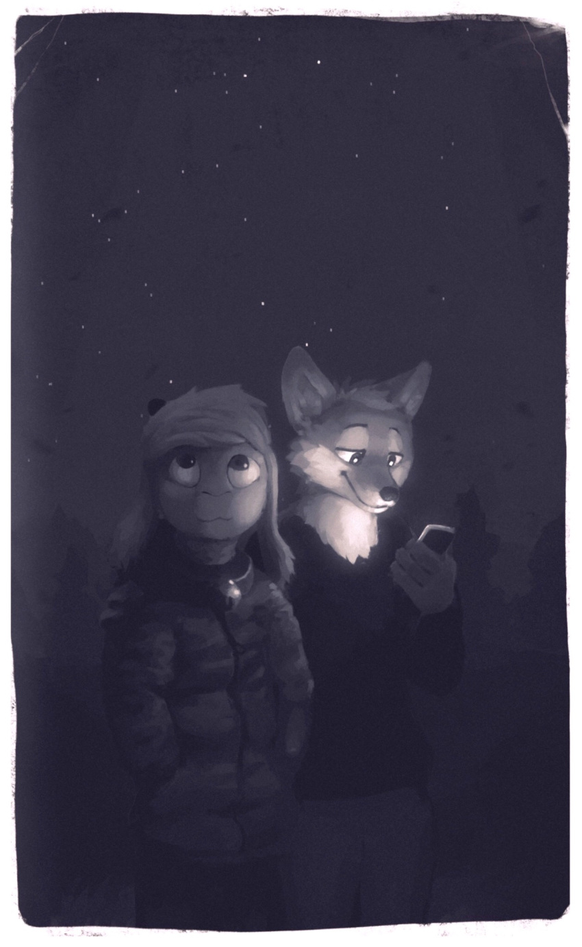 anthro bell black_and_white bokeh_(character) bovid canid canine canis caprine clothing collar coyote digital_media_(artwork) duo fur goat hair horn male mammal monochrome nule nule_(character) outside phone sky star