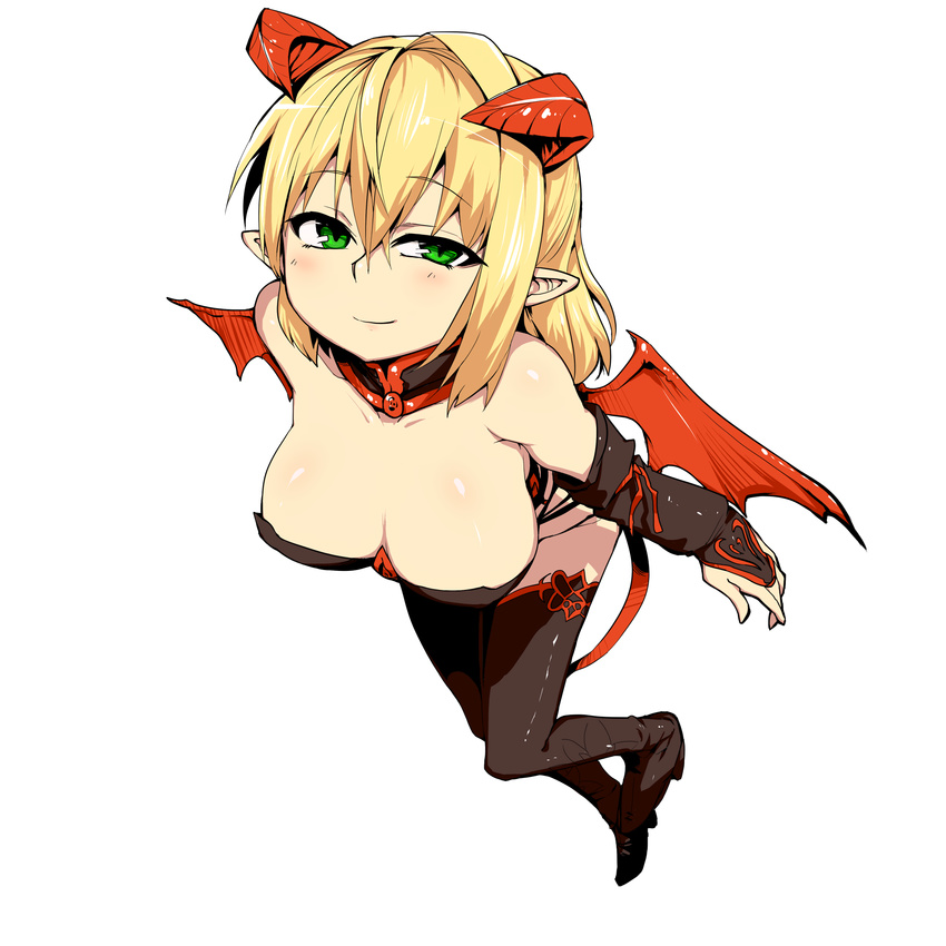 alternate_costume bad_id bad_pixiv_id bare_shoulders blonde_hair breasts bridal_gauntlets cleavage demon_girl demon_tail demon_wings detached_collar detached_sleeves green_eyes harness highres horns large_breasts looking_at_viewer mizuga mizuhashi_parsee pointy_ears short_hair simple_background solo succubus tail thighhighs touhou white_background wings