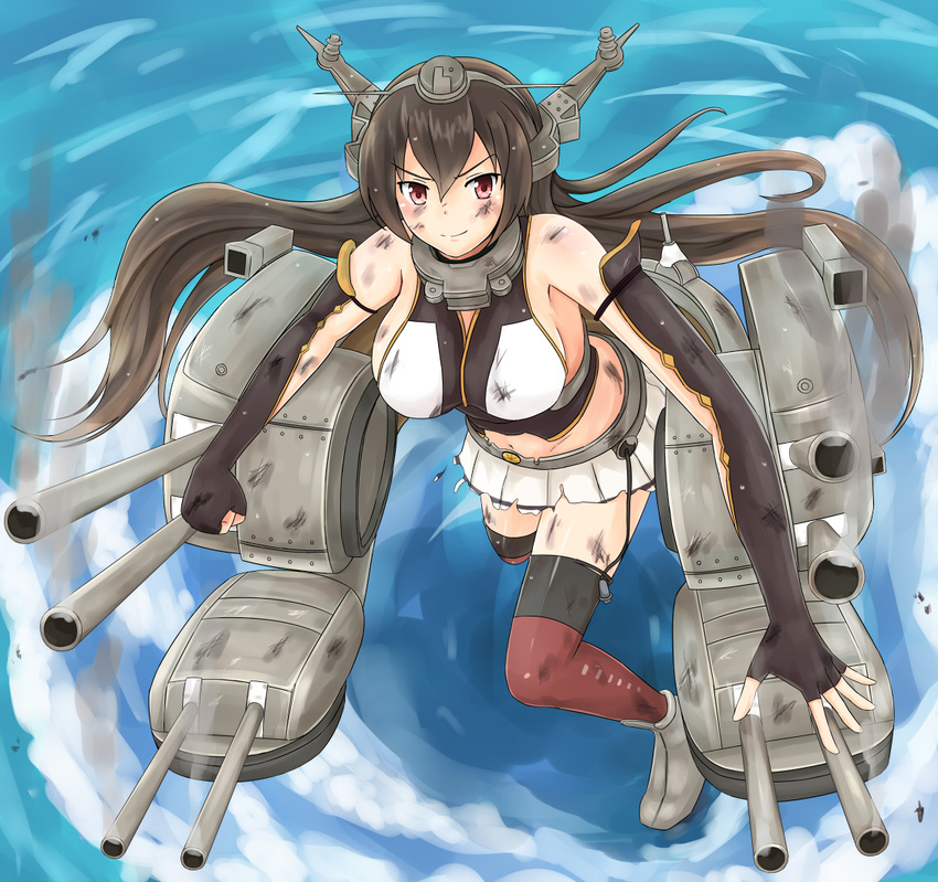 bare_shoulders black_hair blush boots breasts cannon clenched_hand elbow_gloves fingerless_gloves gloves gun hair_ornament headgear injury kantai_collection large_breasts long_hair midriff miniskirt nagato_(kantai_collection) nuppunuppu red_eyes sideboob skirt smile smoke smoking_gun solo soot thighhighs torn_clothes torn_skirt turret weapon zettai_ryouiki