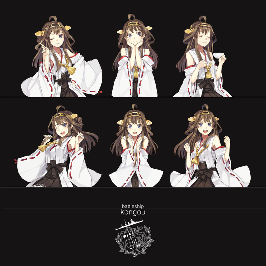 ahoge black_eyes blush brown_hair character_name closed_eyes cup detached_sleeves double_bun expressions hairband hands_on_own_cheeks hands_on_own_face hao_(patinnko) highres japanese_clothes kantai_collection kongou_(kantai_collection) long_hair looking_at_viewer multiple_views nontraditional_miko one_eye_closed simple_background smile tears wide_sleeves